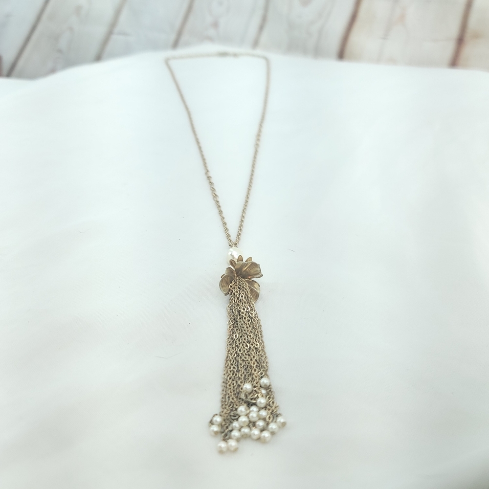 Loft White Beaded Tassel Long Gold Necklace